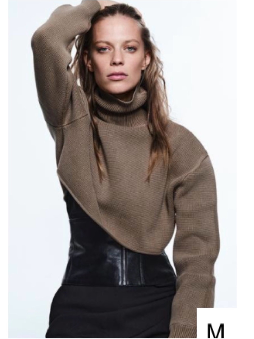 Zara cropped Turtleneck Cropped Knit Sweater 100% cotton Taupe M